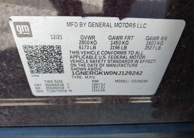 2022 CHEVROLET TRAVERSE(VIN: 1GNERGKW0NJ129242
