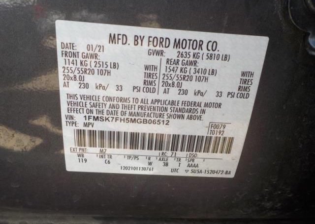 2021 FORD EXPLORER(VIN: 1FMSK7FH5MGB06512