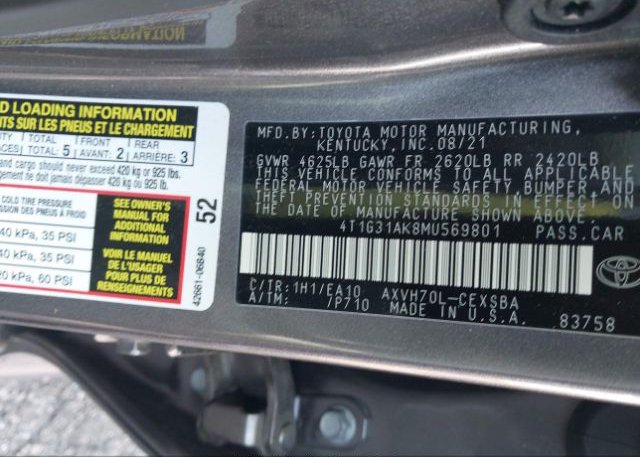 2021 TOYOTA CAMRY(VIN: 4T1G31AK8MU569801