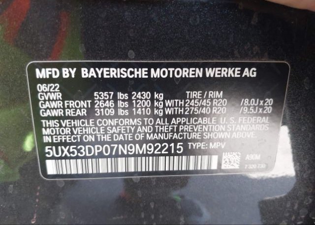 2022 BMW X3(VIN: 5UX53DP07N9M92215