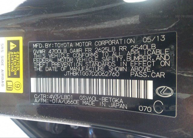 JTHBK1GG7D2062760 2013 LEXUS ES 350