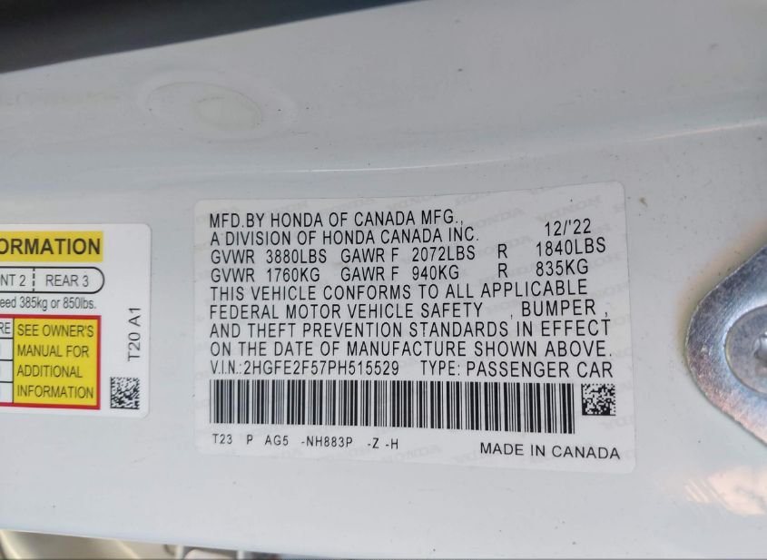 2023 HONDA CIVIC SPORT(VIN: 2HGFE2F57PH515529