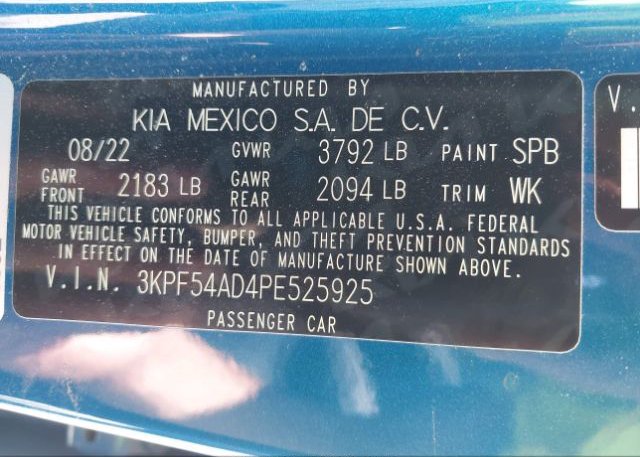 2023 KIA FORTE(VIN: 3KPF54AD4PE525925