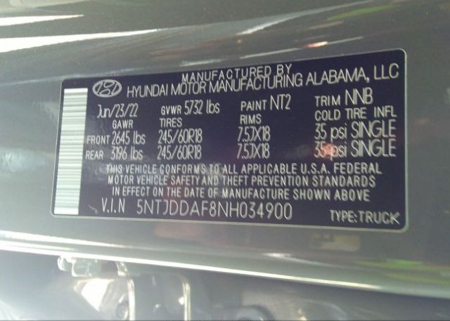 2022 HYUNDAI SANTA CRUZ(VIN: 5NTJDDAF8NH034900