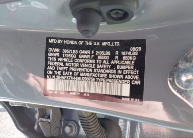 2021 HONDA CIVIC HATCHBACK(VIN: SHHFK7H44MU200759