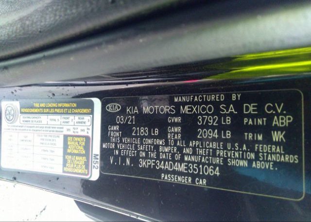 2021 KIA FORTE(VIN: 3KPF34AD4ME351064