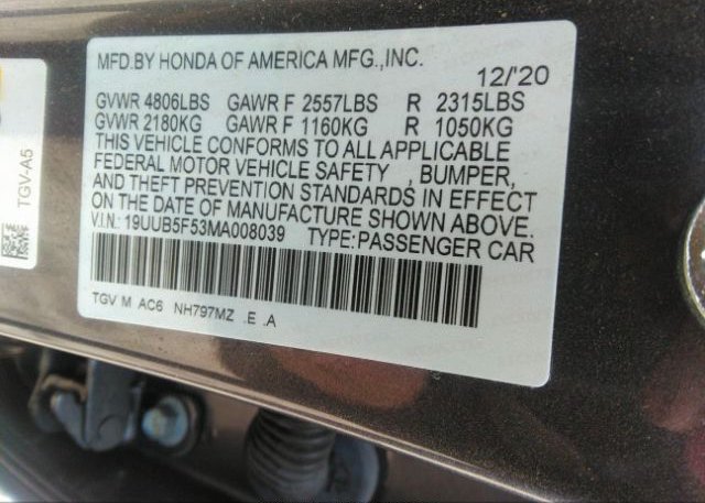 2021 ACURA TLX(VIN: 19UUB5F53MA008039