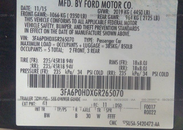 3FA6P0HDXGR265070 2016 FORD FUSION