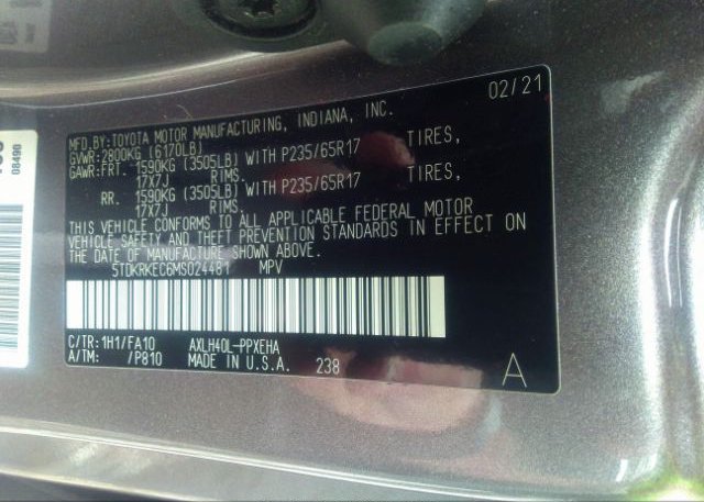 2021 TOYOTA SIENNA(VIN: 5TDKRKEC6MS024481