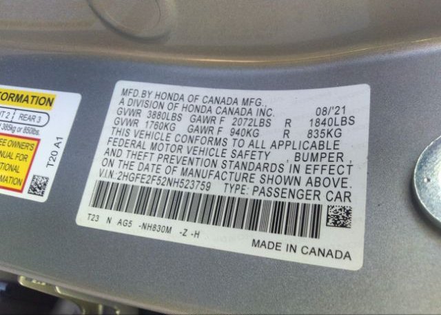 2022 HONDA CIVIC SEDAN(VIN: 2HGFE2F52NH523759
