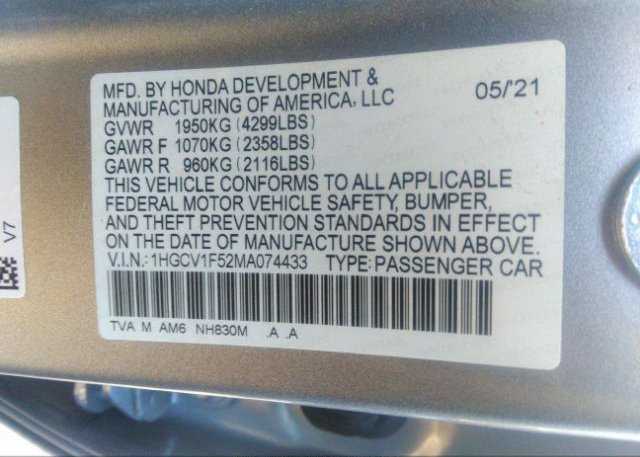 2021 HONDA ACCORD SEDAN(VIN: 1HGCV1F52MA074433