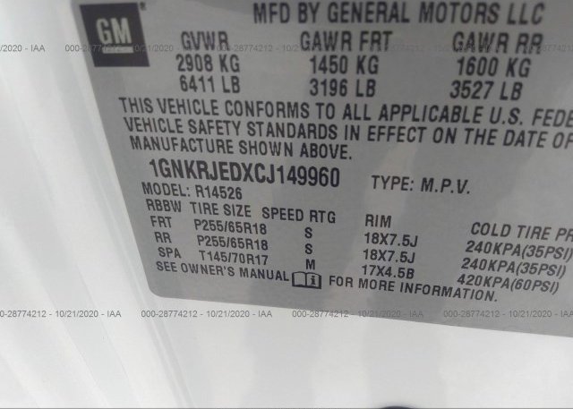 1GNKRJEDXCJ149960 2012 CHEVROLET TRAVERSE