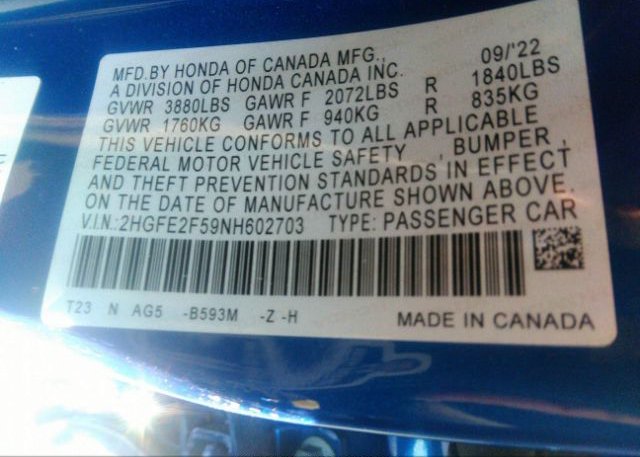 2022 HONDA CIVIC SEDAN(VIN: 2HGFE2F59NH602703