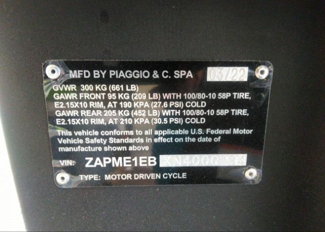 2022 PIAGIO 1(VIN: ZAPME1EBXN4000234