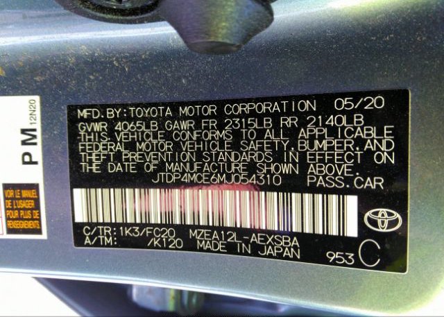 2021 TOYOTA COROLLA(VIN: JTDP4MCE6MJ054310