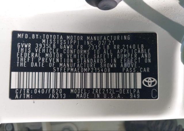 2021 TOYOTA COROLLA(VIN: 5YFEPMAE0MP215408