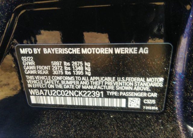 2022 BMW 7 SERIES(VIN: WBA7U2C02NCK22391