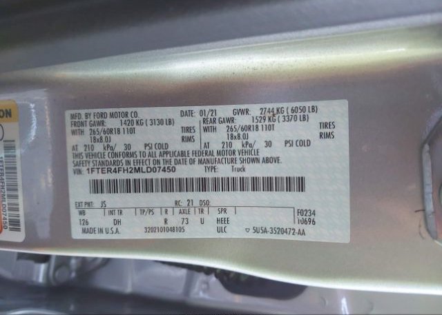 2021 FORD RANGER LARIAT(VIN: 1FTER4FH2MLD07450