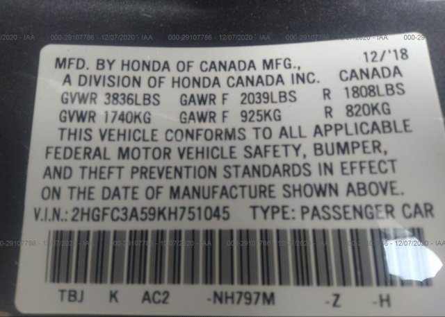 2HGFC3A59KH751045 2019 HONDA CIVIC SI COUPE