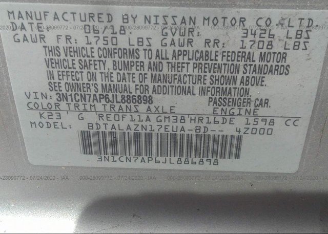 3N1CN7AP6JL886898 2018 Nissan VERSA SEDAN