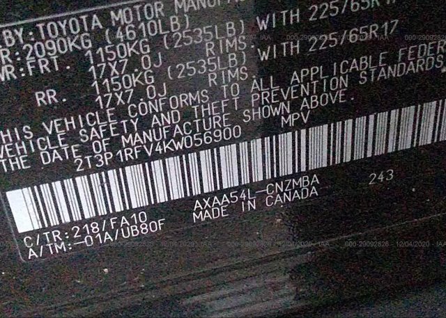 2T3P1RFV4KW056900 2019 TOYOTA RAV4