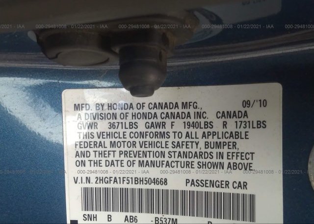 2HGFA1F51BH504668 2011 HONDA CIVIC SDN