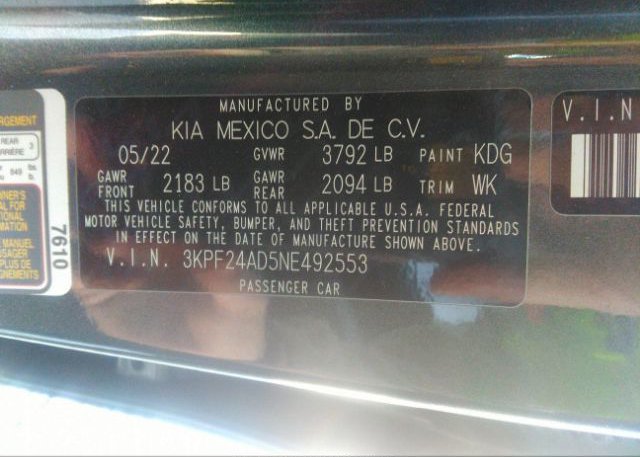 2022 KIA FORTE(VIN: 3KPF24AD5NE492553