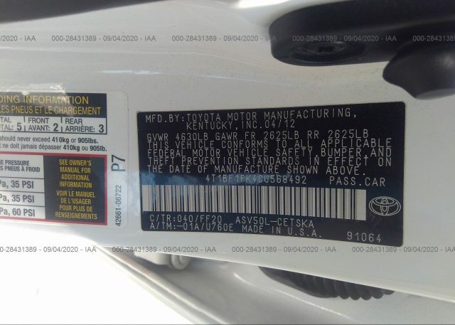 4T1BF1FK4CU568492 2012 TOYOTA CAMRY