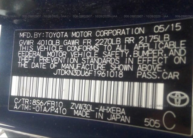 JTDKN3DU6F1961018 2015 TOYOTA PRIUS
