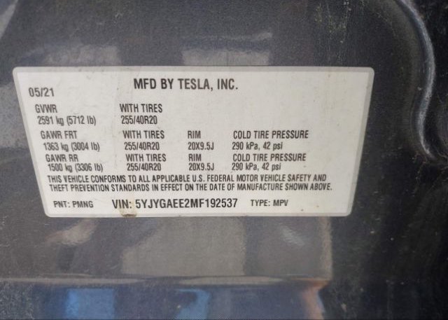2021 TESLA MODEL Y(VIN: 5YJYGAEE2MF192537