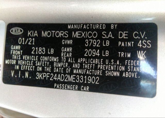 2021 KIA FORTE(VIN: 3KPF24AD2ME331902