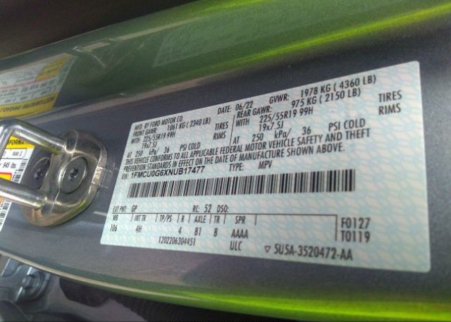2022 FORD ESCAPE(VIN: 1FMCU0G6XNUB17477