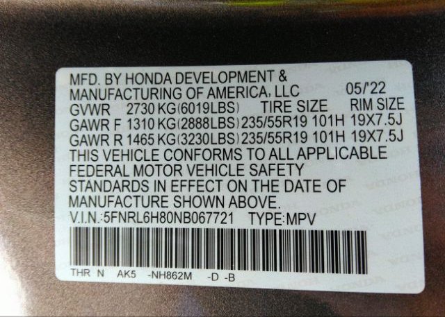 2022 HONDA ODYSSEY(VIN: 5FNRL6H80NB067721