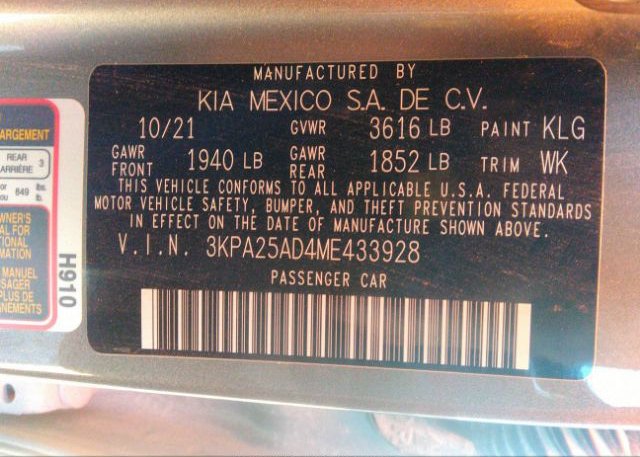 2021 KIA RIO 5-DOOR(VIN: 3KPA25AD4ME433928