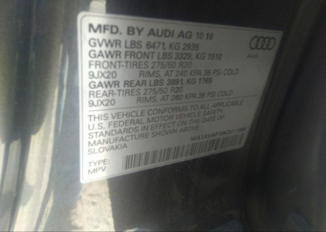 2019 AUDI Q8 VIN: WA1AVAF10KD011596