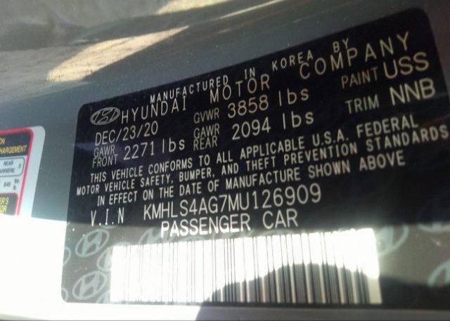 2021 HYUNDAI ELANTRA(VIN: KMHLS4AG7MU126909