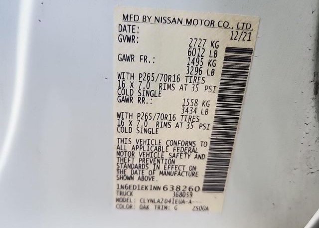 2022 NISSAN FRONTIER(VIN: 1N6ED1EK1NN638260