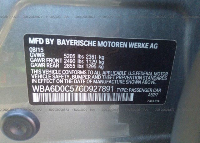 WBA6D0C57GD927891 2016 BMW 6 SERIES