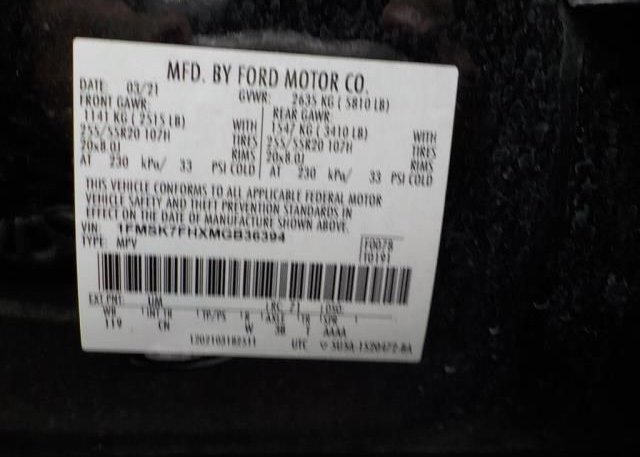 2021 FORD EXPLORER(VIN: 1FMSK7FHXMGB36394