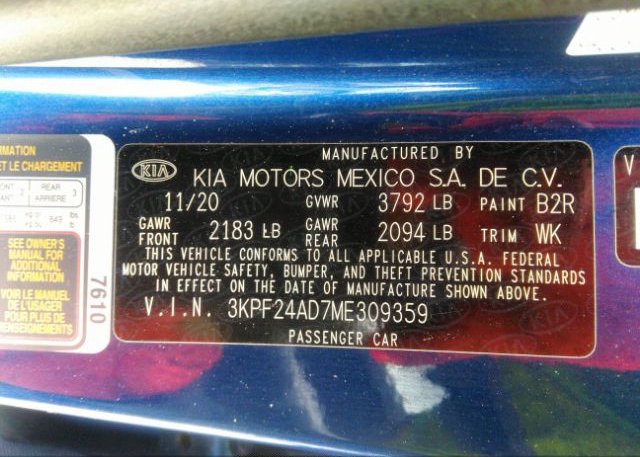 2021 KIA FORTE(VIN: 3KPF24AD7ME309359