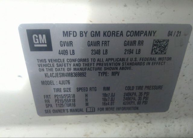 2021 BUICK ENCORE(VIN: KL4CJESM4MB369892