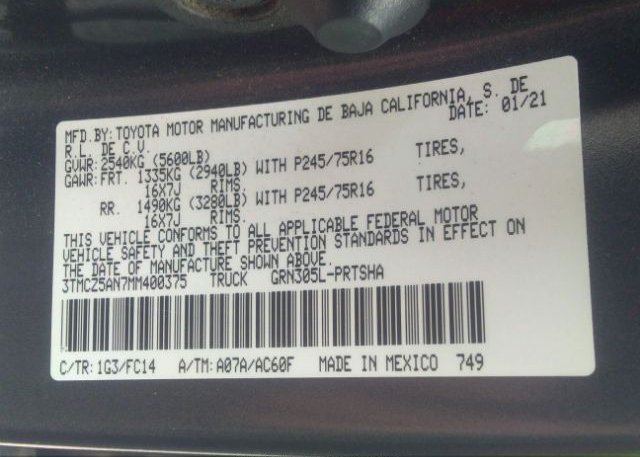 2021 TOYOTA TACOMA 4WD(VIN: 3TMCZ5AN7MM400375