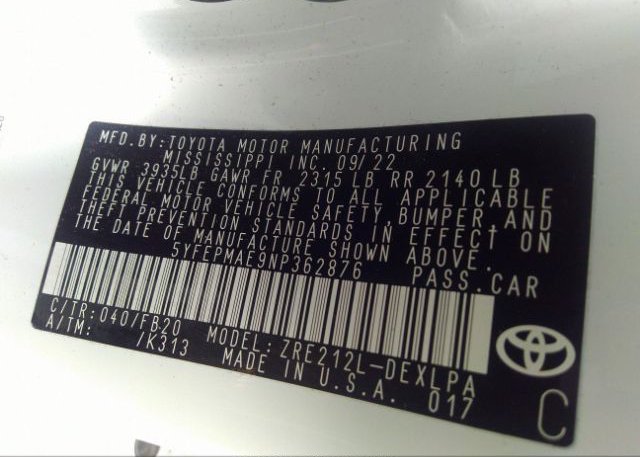 2022 TOYOTA COROLLA(VIN: 5YFEPMAE9NP362876