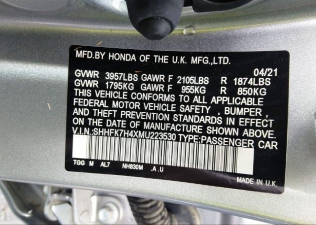 2021 HONDA CIVIC HATCHBACK(VIN: SHHFK7H4XMU223530