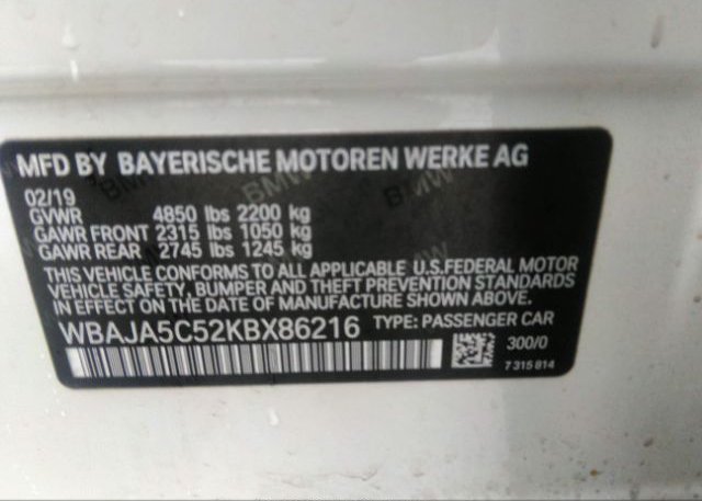 2019 BMW 5 SERIES VIN: WBAJA5C52KBX86216