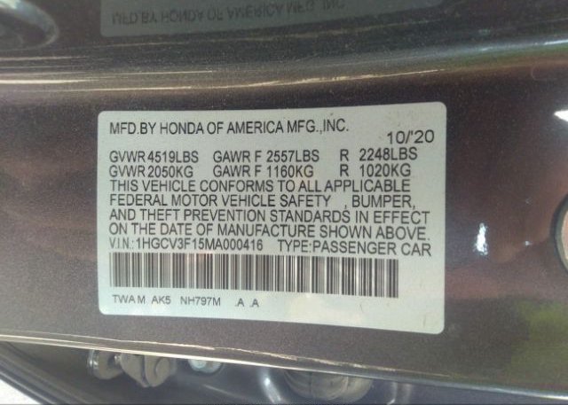 2021 HONDA ACCORD HYBRID(VIN: 1HGCV3F15MA000416