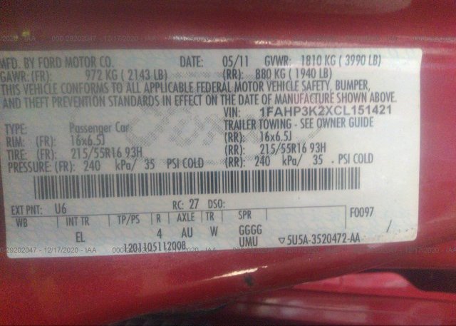1FAHP3K2XCL151421 2012 FORD FOCUS