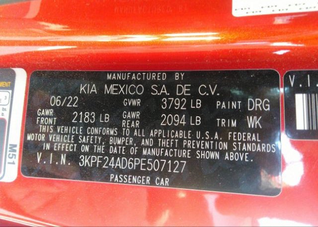 2023 KIA FORTE(VIN: 3KPF24AD6PE507127