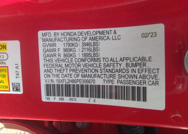2023 HONDA CIVIC HATCHBACK(VIN: 19XFL2H86PE006670