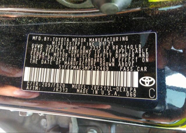2021 TOYOTA COROLLA(VIN: 5YFEPMAE5MP212469